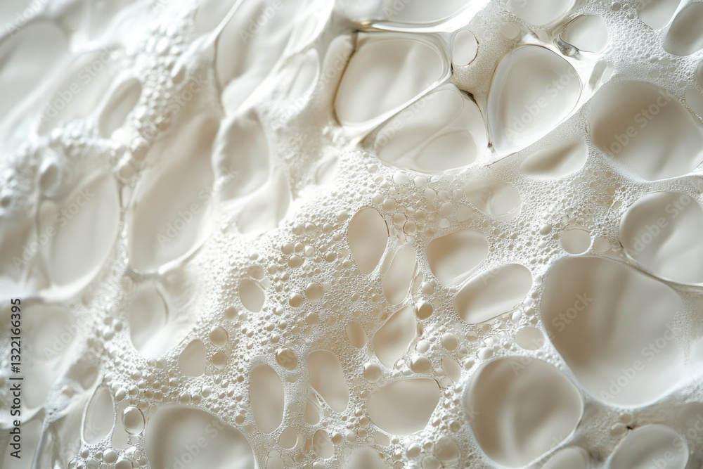 Poster close-up of creamy white foam with a complex network of bubbles and crevices.