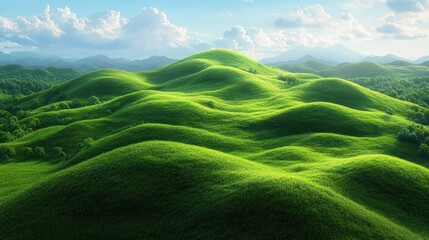 A rolling hill covered in perfectly trimmed, emerald-green grass.