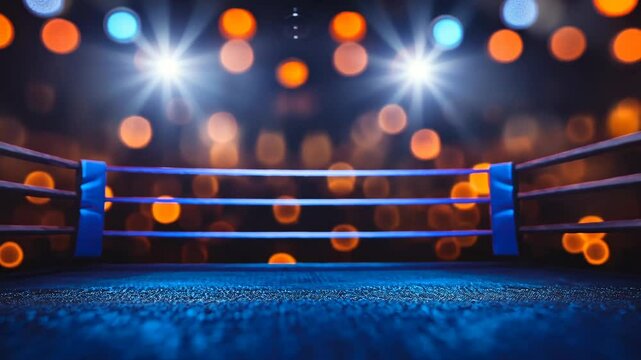 Brightly lit boxing ring set up for an exciting match in a vibrant arena with festive lighting