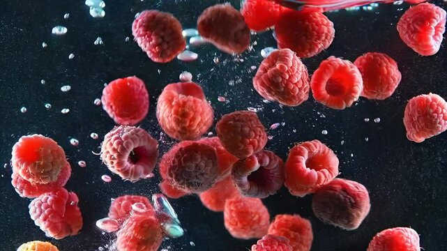 Himbeeren fallen ins Wasser und tauchen ein