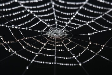 Close Up of Spider Web Covered in Dew Drops on Black Background, Nature Abstract Background