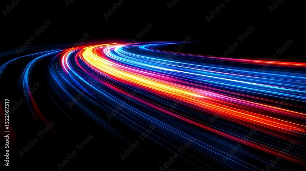 Poster vibrant light trails curve along dark background creating dynamic motion effect with blue, red and y
