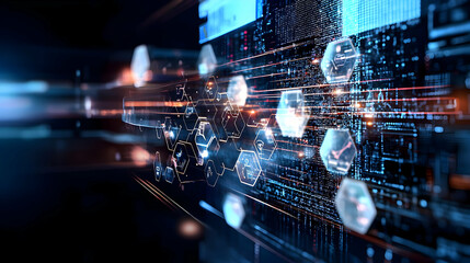 Dynamic Flow Of Hexagonal Data In Abstract Cyberspace With Blue And Red Accents On A Dark Background With A Blur Effect Visualization Of Digital