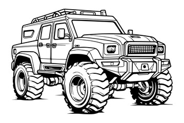 Obraz premium Massive off-road truck with thick tires, rugged design, and heavy-duty frame, in black-and-white sketch style.