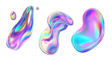 Set of liquid 3d holographic abstract shapes. colorful Dark fluid bubbles iridescent effect elements design, isolated on white background, png