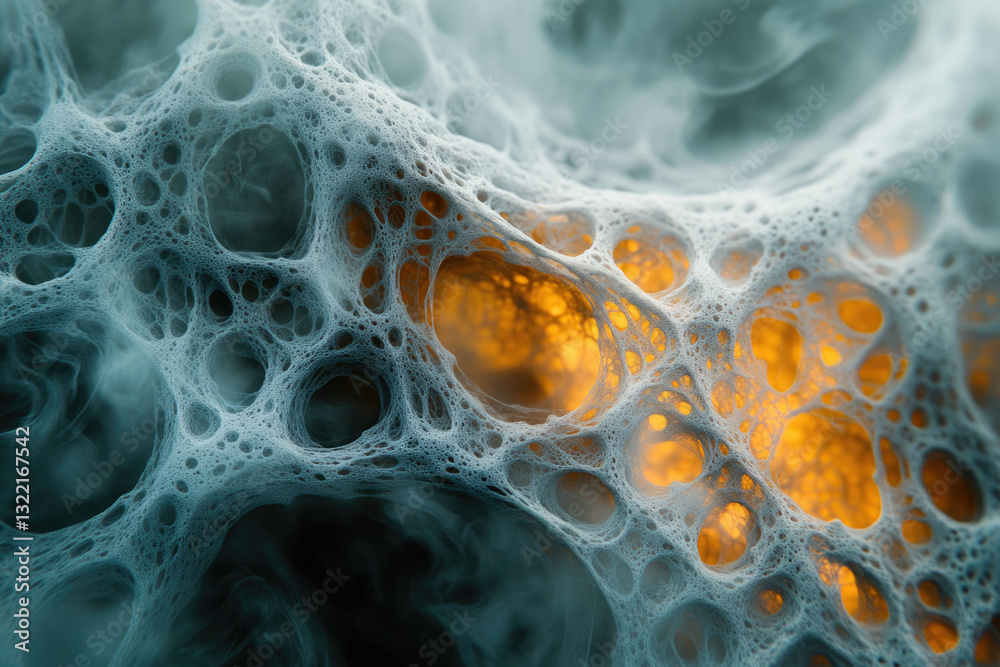 Aufkleber Abstract image of a porous, cavernous structure with glowing orange core, resembling a complex network or cellular structure.