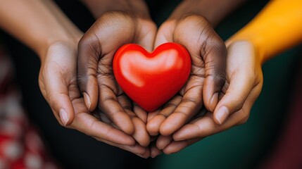 Obraz premium Diverse hands cradling a red heart, promoting unity and love