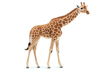 Naklejka premium Reticulated giraffe standing in profile view on white background, detailed natural pattern and coloring shows distinctive markings of African wildlife species.