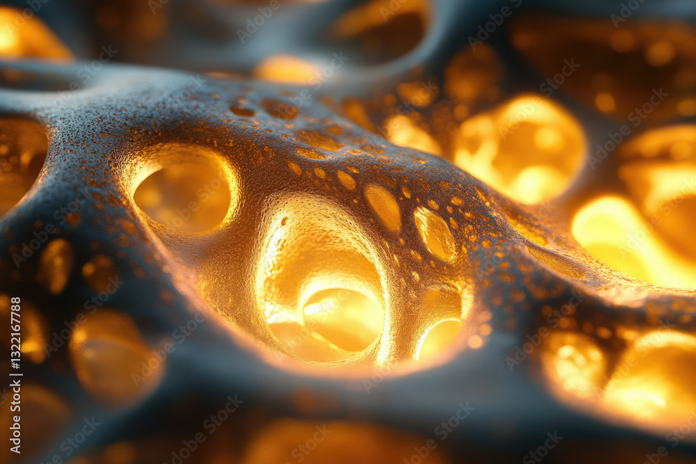 Poster abstract image depicting a porous, glowing, golden substance resembling a cellular structure or a sp