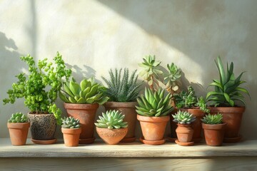 Fototapeta premium A collection of succulents in terracotta pots basking in sunlight, showcasing various textures and shades of green.