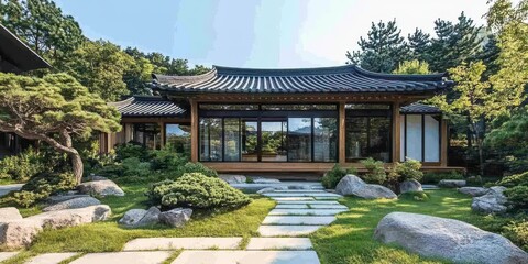 Obraz premium A beautiful asian inspired house resides within lush gardens