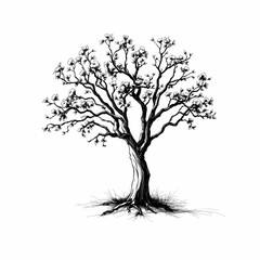 Obraz premium Ink Tree Silhouette: An artistic, black and white illustration of a mature tree in full bloom, evoking a sense of nature's beauty and resilience.