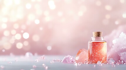 Pink glowing magical potion in glass bottle surrounded by crystals and sparkles on soft pastel background with bokeh lights and dreamy atmosphere.