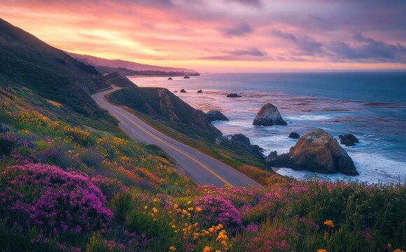 Scenic Coastal Highway Surrounded by Vibrant Wildflowers and Dramatic Ocean Views at Dusk on the Pacific Coast