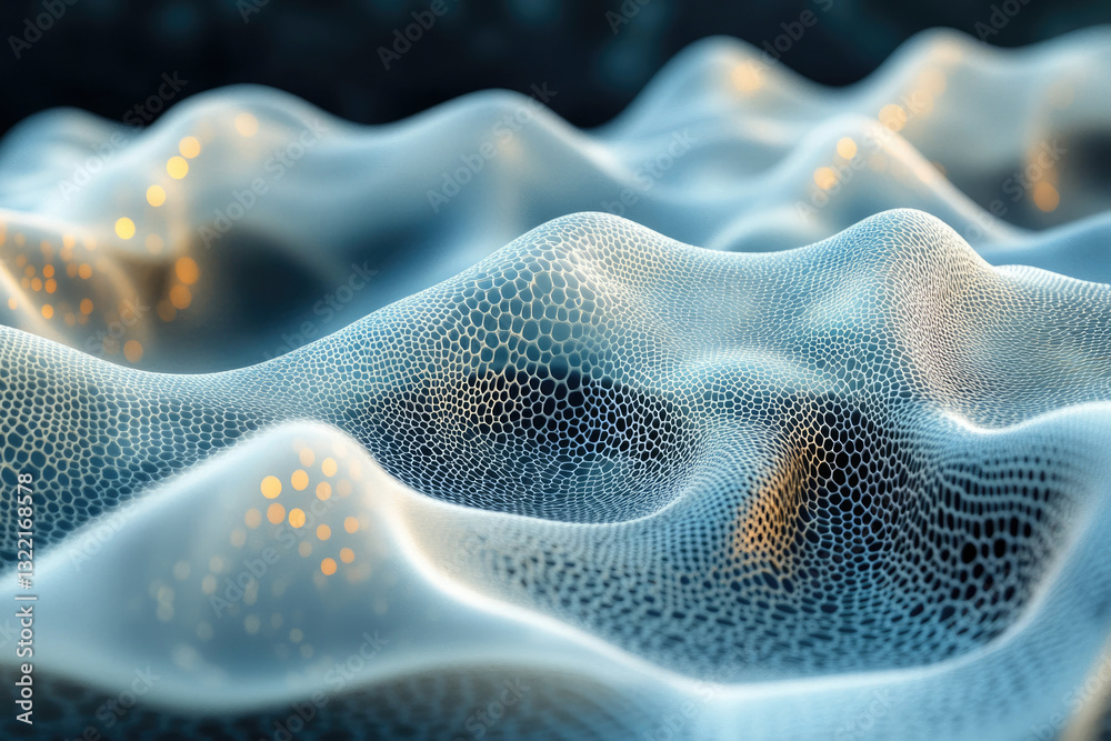 Poster Abstract 3D rendering of a flowing, interconnected network with glowing nodes, representing data or connection.