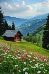 A wooden hut nestled among green hills and mountains, surrounded by lush evergreen trees