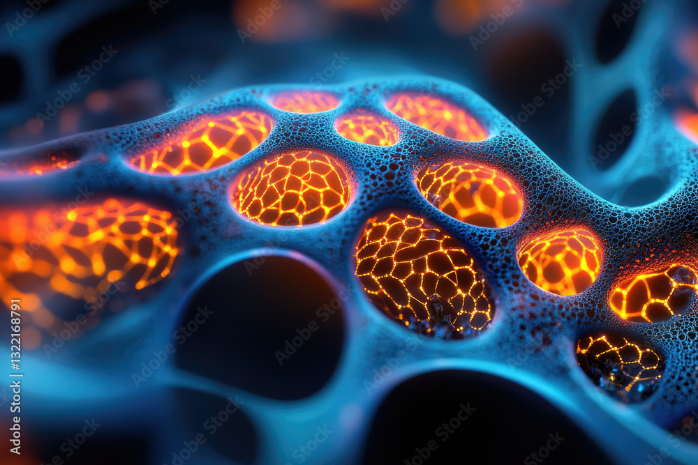 Aufkleber abstract 3d render of a vibrant blue and orange cellular structure, glowing with internal light.