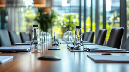 The table in the conference room is equipped with everything needed for a productive session.
