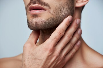 Naklejka premium Man Touching Neck with Hand Close Up for Skin Care