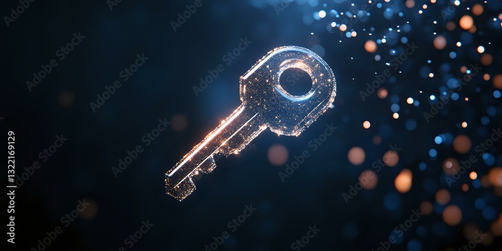 Poster glowing digital key floating in dark space with bokeh particles and light effects, symbolizing cyber