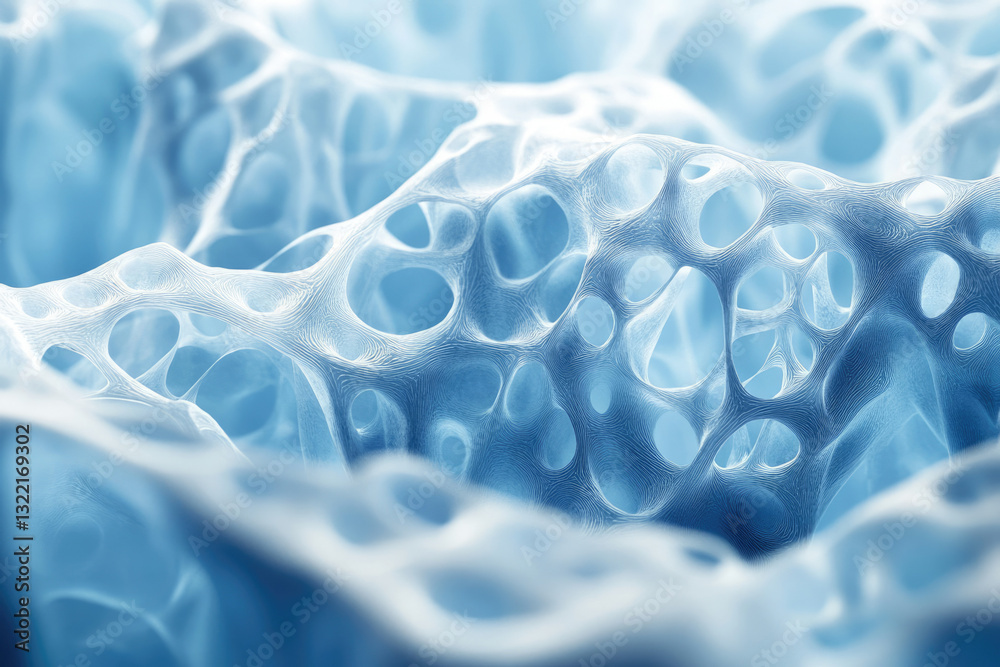 Poster abstract image depicting a porous, interconnected structure resembling a network of veins or spongy 