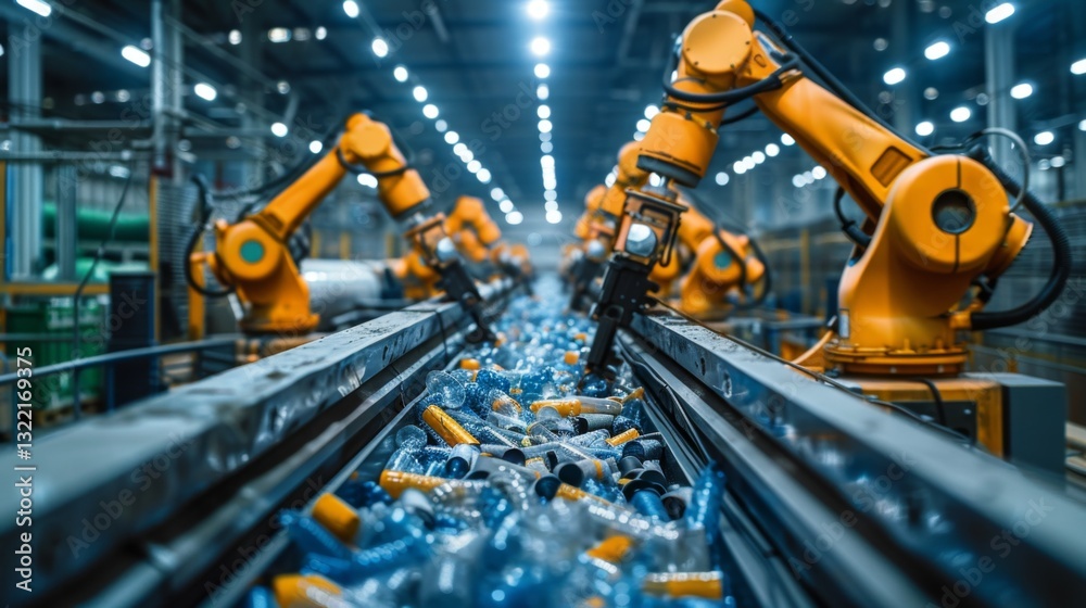 Leinwandbilder Advanced robotic arms work diligently to separate and sort plastic bottles on a conveyor belt in a recycling facility. The environment is bright with artificial lighting.
