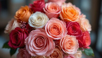Fototapeta premium A Breathtaking Bouquet Of Roses In Vibrant Hues, A Symbol Of Love And Celebration, Showcasing Soft Petals And Delicate Layers With A Blurred Background