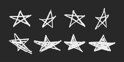 Hand drawn star set. Stars with grunge texture. White chalk scribble design elements.