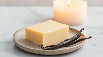 cosy home cooking, a serene home kitchen, with a ceramic plate holding cocoa butter and vanilla beans, softly aglow under candlelight