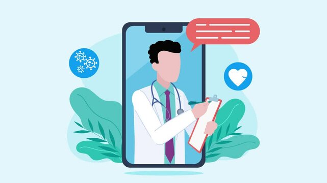 Medical doctor with notepad showing on mobile phone screen. Doctor is taking notes. A conversation bubble appears next to the doctor's head. And icons appear around. Flat design animation.