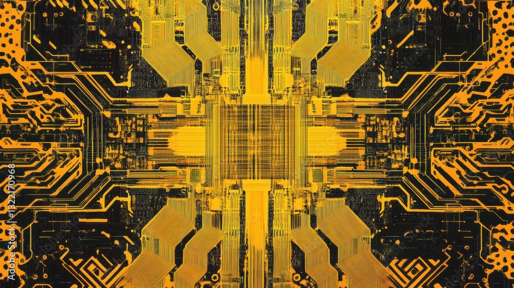 Poster abstract yellow circuit board design with intricate lines and patterns.