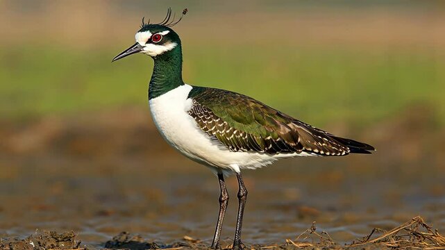 Unique lapwing stands gracefully in a wetland habitat during golden hour