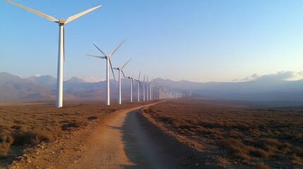 Windmills stand in the countryside at dusk