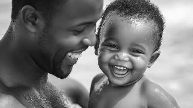 African father and son having fun on the beach during vacations - Focus on toddler face - Black and white editing