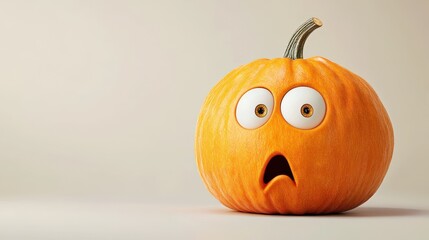 A whimsical illustration of a startled pumpkin, featuring a comical face, against a clean background.