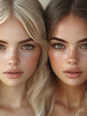 Fototapeta premium Two young women posing together showing natural beauty and cosmetics