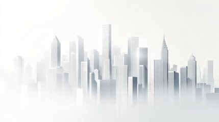 White background, city skyline, vector illustration style, simple lines, high-end aesthetic, light gray and white color scheme, urban architecture