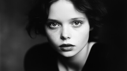 A captivating black-and-white portrait of a young woman with expressive eyes, capturing a moment of raw emotion and timeless beauty amidst simplicity.