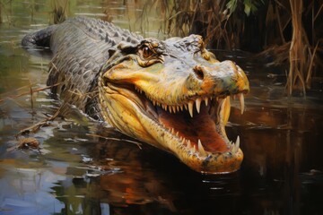 Obraz premium American Alligator With Open Mouth, Showing Its Teeth In. Swamp Habita. Dangerous Predator