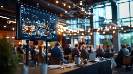 Obraz premium Attendees at a networking event watch a digital presentation on a large screen. The copy space highlights the event's content and the professional atmosphere.