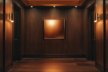 A dimly lit hallway with dark wood paneling, a metallic framed artwork, and recessed lighting.