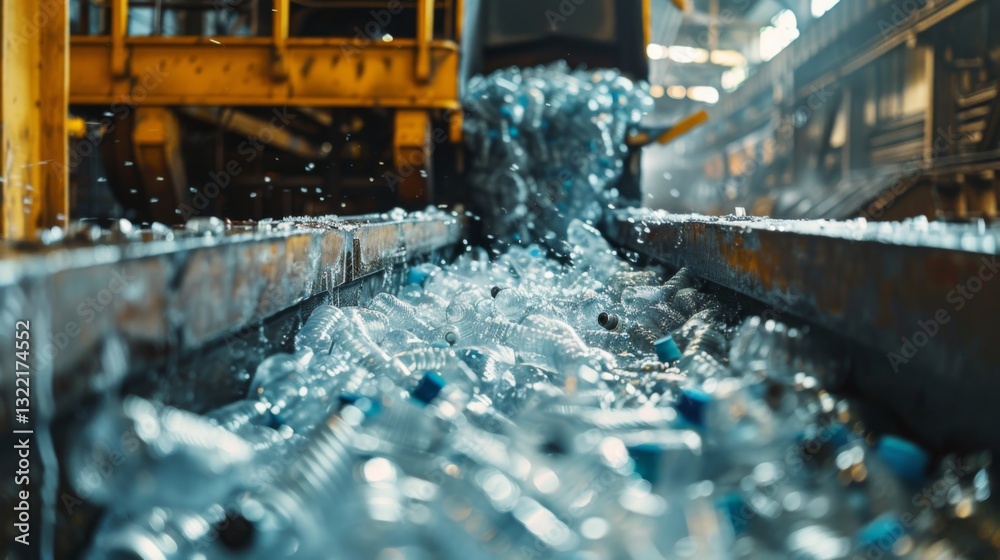 Poster Water bottles are being sorted and processed on a conveyor belt inside a recycling facility. Sunlight illuminates the area as plastic waste accumulates.