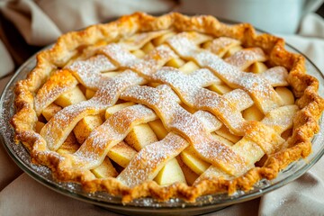 Warm apple pie with a perfectly woven lattice crust sits invitingly on a rustic table. Dusting of powdered sugar adds a touch of sweetness to this classic dessert, ideal for autumn festivities
