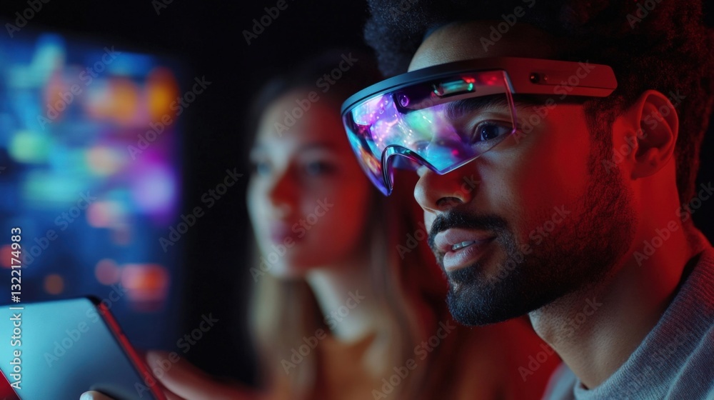 Poster software engineers working late into the night in an office, utilizing augmented reality glasses and