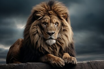Obraz premium Majestic Male Lion Portrait Against Stormy Sky, King of the Jungle in Thoughtful Pose