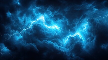 Electric blue lightning strikes through dark, stormy clouds, creating dramatic scene