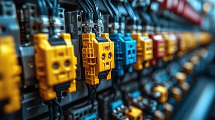 Electrical equipment rows with colorful wire connectors and hardware