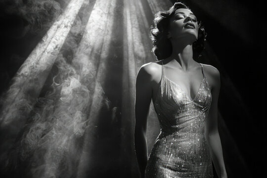 A glamorous woman in a sparkling dress, bathed in dramatic stage lighting, evokes old Hollywood elegance.