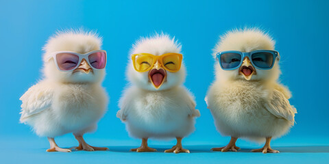 Three cheerful chicks wearing colorful sunglasses pose playfully against a bright blue background, exuding a fun and lively atmosphere