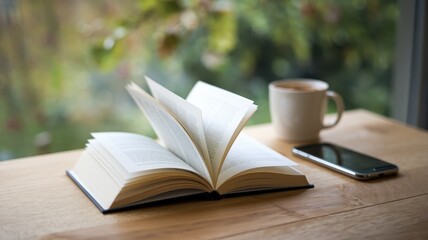 Naklejka premium Peaceful Reading Moment: Open Book, Coffee, and Smartphone by Window